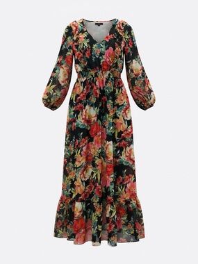 R&K Black Floral Long Sleeve women Maxi Dress